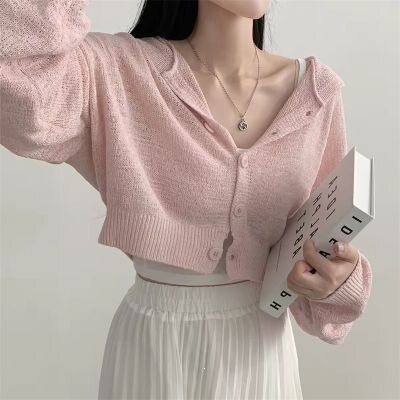 韩国 chic 春秋慵懒风短款宽松潮色灯笼袖连帽长袖针织开衫毛衣图片