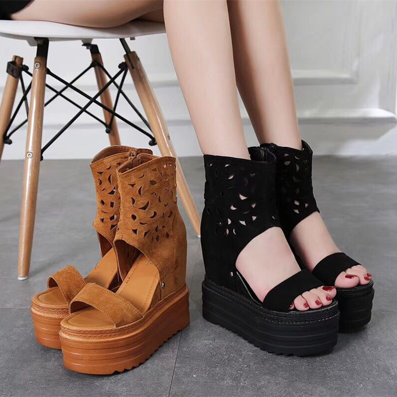 2024 WOMENS SUMMER NEW EUROPEAN AND AMERICAN HOLLOW ROUND TOE BOOTS WOMENS SIDE ZIPPER BLOCK HEEL SUPER HIGH HEEL WEDGE HEEL 13CM MESH BOOTS WOMEN