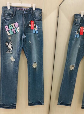 男款牛仔长裤 直筒破洞印花款