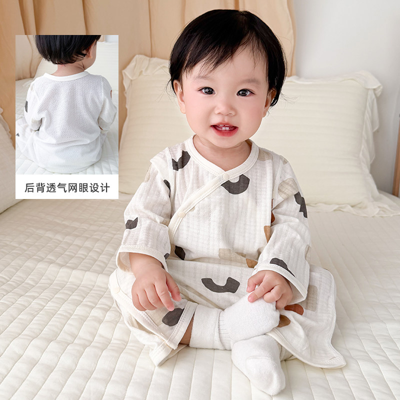 婴儿睡袍纯棉春夏季薄款双层交叉护肚长袖连体宝宝网眼空调服儿童