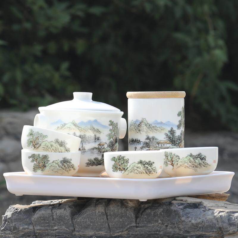 唐山创意骨瓷茶壶简约茶杯茶叶罐盘旅行手工绘制茶具套装公司定制