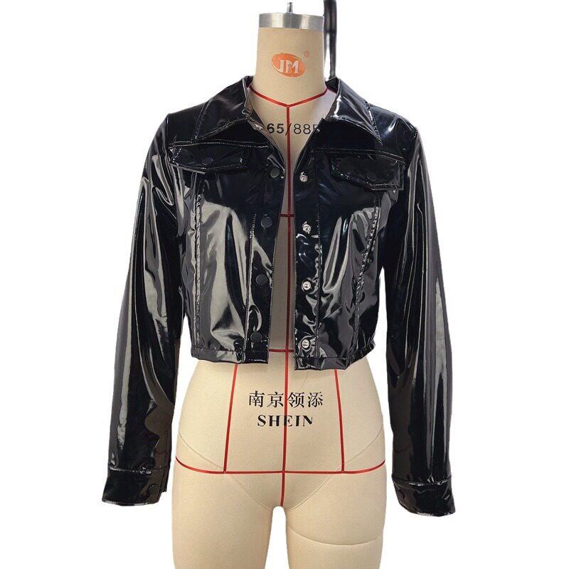 四季翻领PU长袖小外套女式单排扣皮衣演出夜店紧身弹力短款夹克
