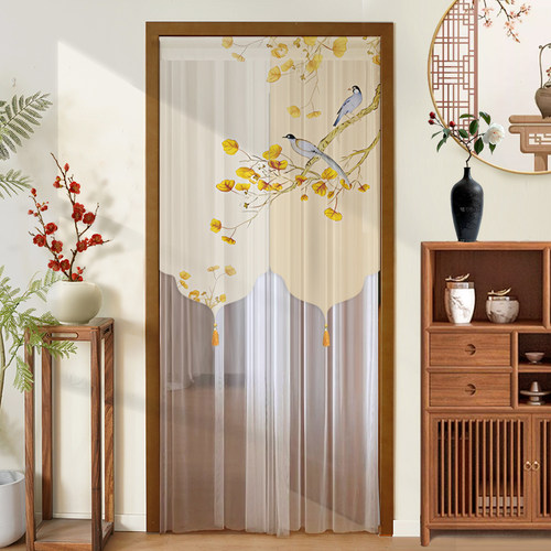 门帘新中式印花四季通用房间隔断遮挡帘家用免打孔布艺半帘隐私帘