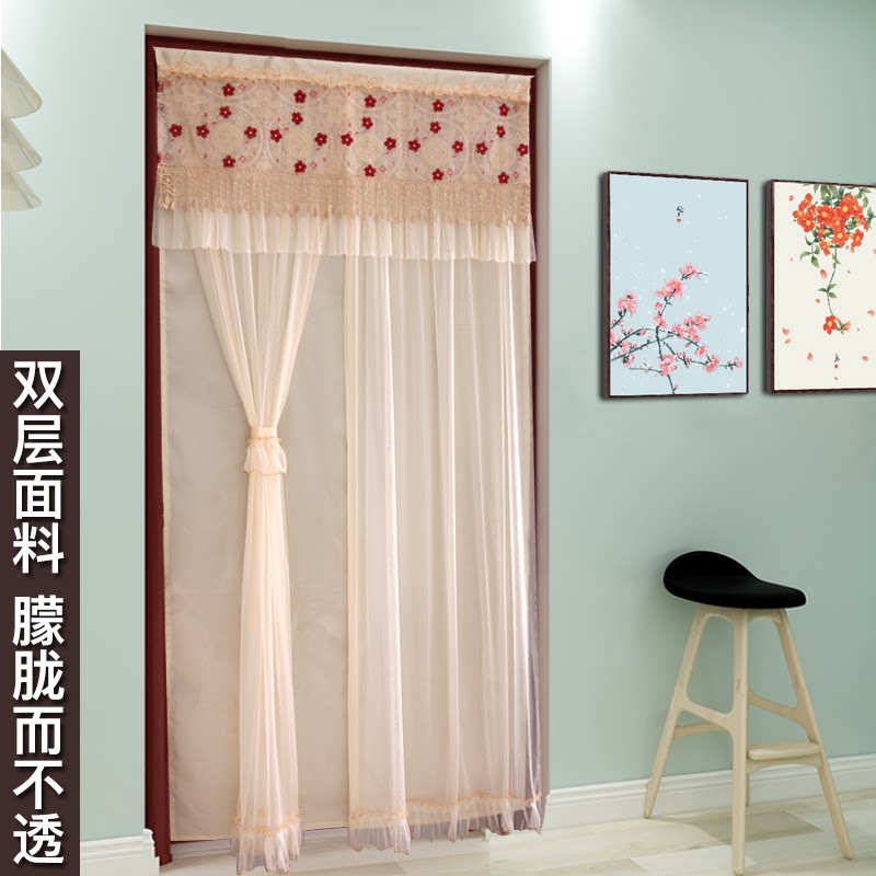 卧室蕾丝门帘隔断帘防蚊遮光纱帘厨房半帘卫生间长帘挂帘双层门帘_虎窝淘