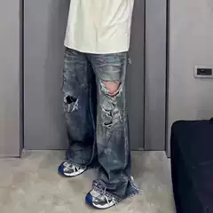 American Retro 24Ss Blue Erosion Mud Dyeing Knife Cut Destroyed Baggy Jeans Wookvibe Same Style for Men and Women