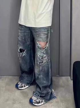美式复古24SS蓝色糜烂泥染刀割破坏baggy牛仔裤 wookvibe同款男女