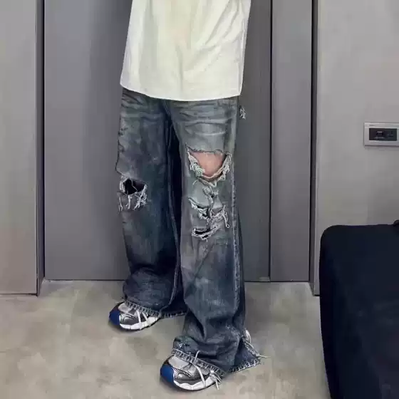 American Retro 24Ss Blue Erosion Mud Dyeing Knife Cut Destroyed Baggy Jeans Wookvibe Same Style for Men and Women