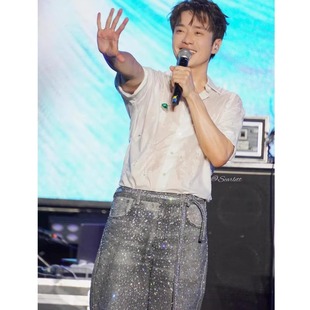 美式高街ac风格满钻水钻宽松直筒牛仔短裤男潮牌飘绳腰带五分裤子