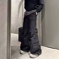 American High-Street Flared Cargo Pants with Multi-Pockets, Zipper & Detachable Straps for Men, Baggy Wide-Leg Streetwear