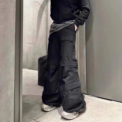 美式高街Flared Cargo风格多口袋拉链可拆卸工装裤男潮牌阔腿喇叭