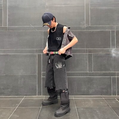 男女夏街头宽松休闲黑胶带七分裤