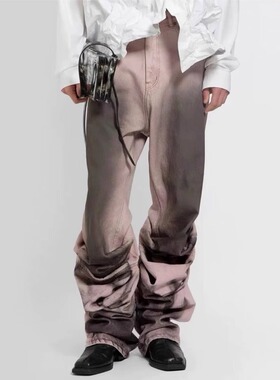 美式高街yproject风格渲染阔腿脏脏垂坠直筒牛仔裤男潮渐变阔腿裤