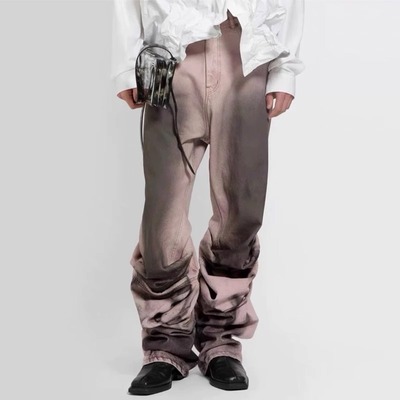 美式高街yproject风格渲染阔腿脏脏垂坠直筒牛仔裤男潮渐变阔腿裤