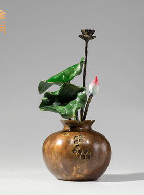 铜艺坊出水芙蓉仿真绿植黄铜荷花荷叶铜摆件花艺盆景铜摆件工艺品