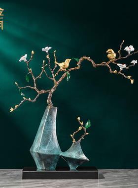 铜艺坊鸟语花香彩铜摆件工艺品喜鹊花瓶枝鸟仿真黄铜工艺家居摆件