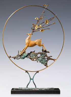 铜艺坊鹿鸣幽谷彩铜祥鹿铜摆件新中式家居客厅玄关金属工艺品装饰