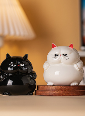 国潮招财陶瓷黑色白色猫咪摆件家居办公桌面装饰品可爱小猫咪礼物