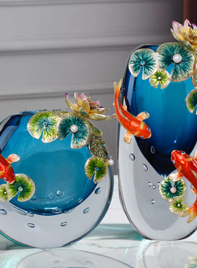 现代简约轻奢珐琅彩水晶花瓶摆件2023新款客厅玄关玻璃装饰品礼品