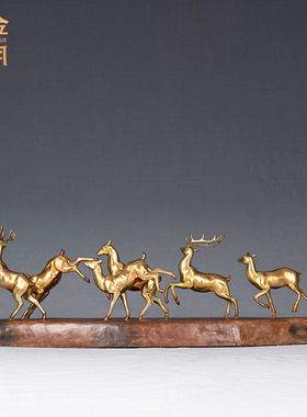铜艺坊鹿鹿大顺黄铜摆件麋鹿铸铜工艺品黄铜鹿铜塑雕塑工艺品摆件