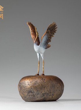 铜艺坊立石祥鹤彩铜工艺品摆件展翅站立仙鹤铜摆件送老人祝寿礼物