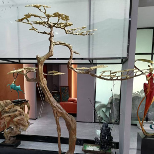 铜艺坊铝迎客松树植物摆件别墅家居客厅样板房大堂全铝摆件装 饰品