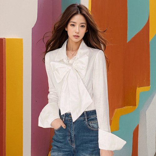ASA累销万件 可拆卸大蝴蝶结装饰 奢牌原厂高支精梳长绒棉白衬衫