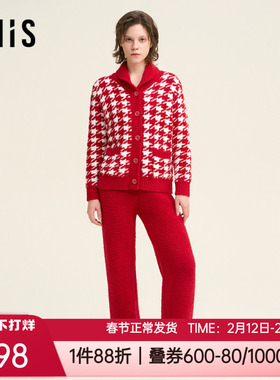 爱美丽秋冬厚撸猫绒千鸟纹红色本命年女士家居服睡衣套装IM46BVR1