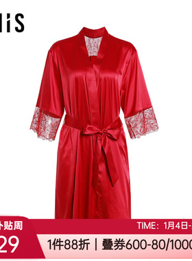 爱美丽V领蕾丝红色本命年开衫女士家居服七分袖浴袍/睡袍IM48BUZ1