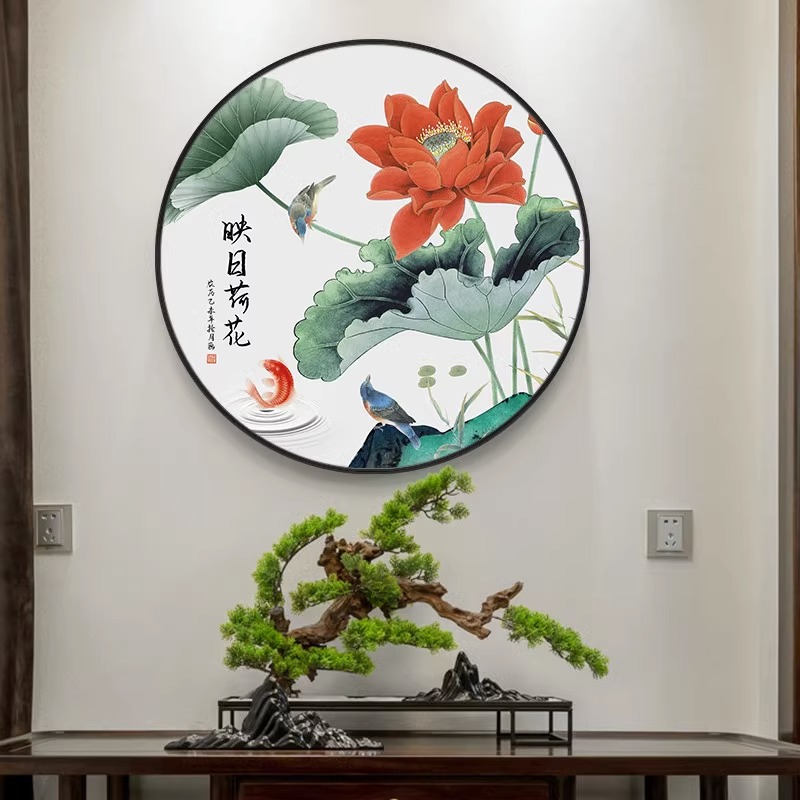 新中式九鱼图入户门玄关装饰画书房茶室挂画客厅餐厅过道圆形壁画图片