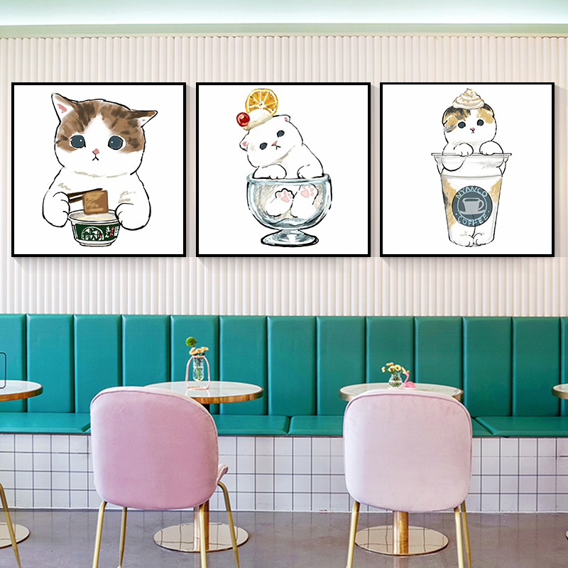 日式可爱猫咪客厅装饰画儿童房卧室床头挂画网红奶茶店背景墙壁画图片