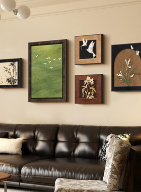 中古风绿色客厅装饰画法式复古沙发背景墙挂画高级感大气组合壁画