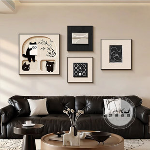 法式中古风客厅装饰画美式猫咪方形组合壁画高级感沙发背景墙挂画