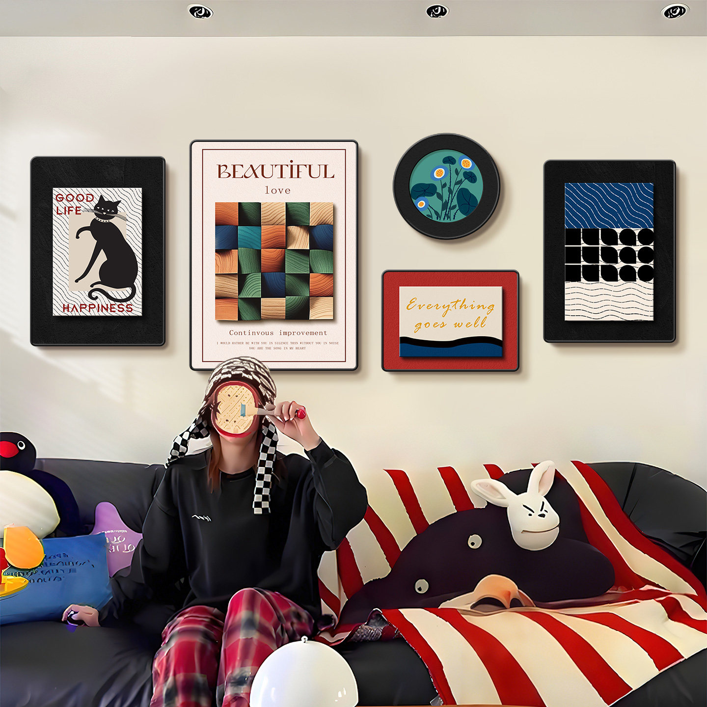 多巴胺包豪斯客厅装饰画中古风彩色沙发挂画意式极简抽象组合壁画,家居饰品,现代装饰画,淘宝优惠券,粉丝福利购,淘宝优惠卷