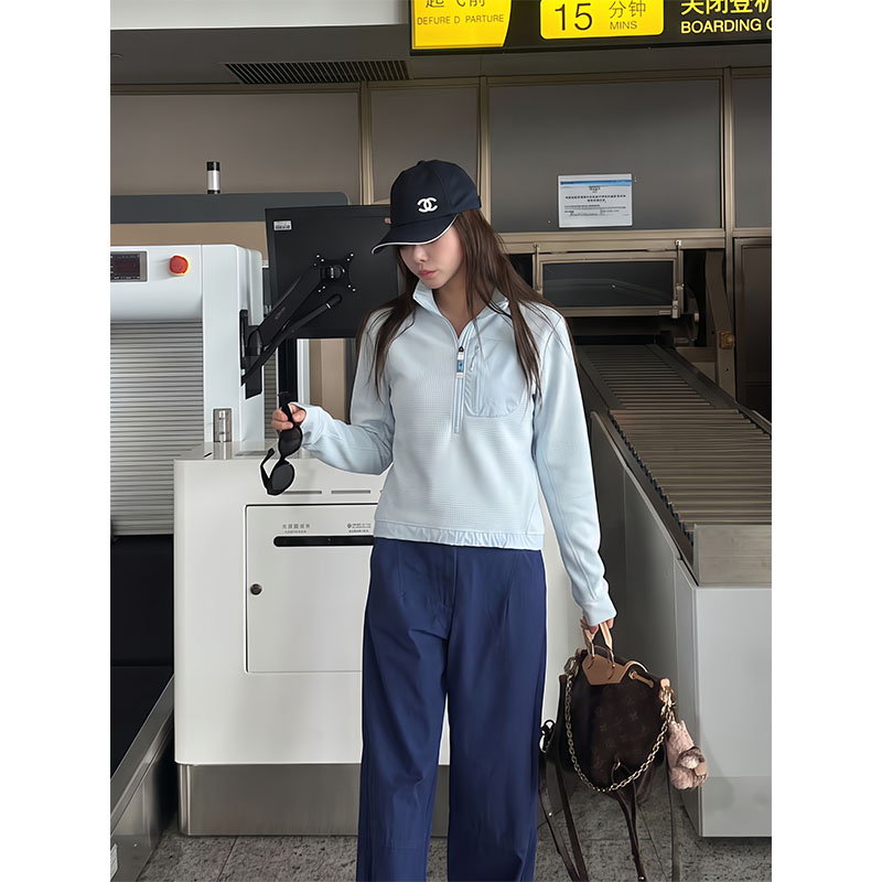 华夫格半拉链户外徒步立领卫衣女图片