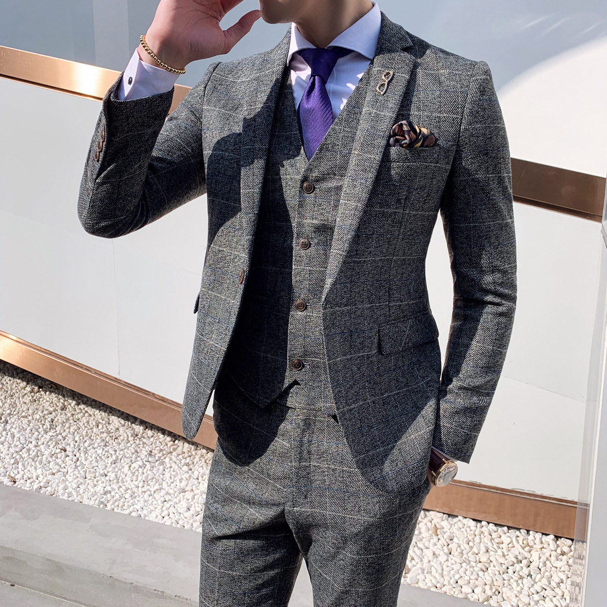 2019春季新款男式复古格子西服套装 男士青少年修身西装三件套|msdalam kategori Pakaian Lelaki, saman - dari Buy2taobao.com untuk memberikan perkhidmatan ejen Taobao profesional membeli