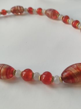 T62宝琉阁原创手工红色缠丝缴胎橄榄枣形老琉璃珠手链项链毛衣链