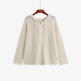 大码女装v领连帽衫女镂空上衣秋2025新款胖mm百搭宽松休闲针织衫