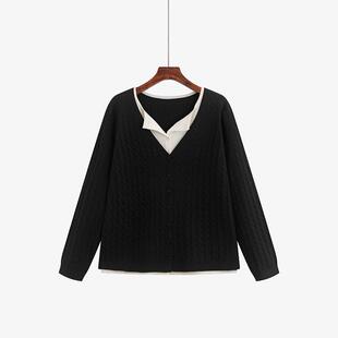 大码女装假两件上衣女麻花纹理毛衣2025冬款胖mm宽松针织衫23580