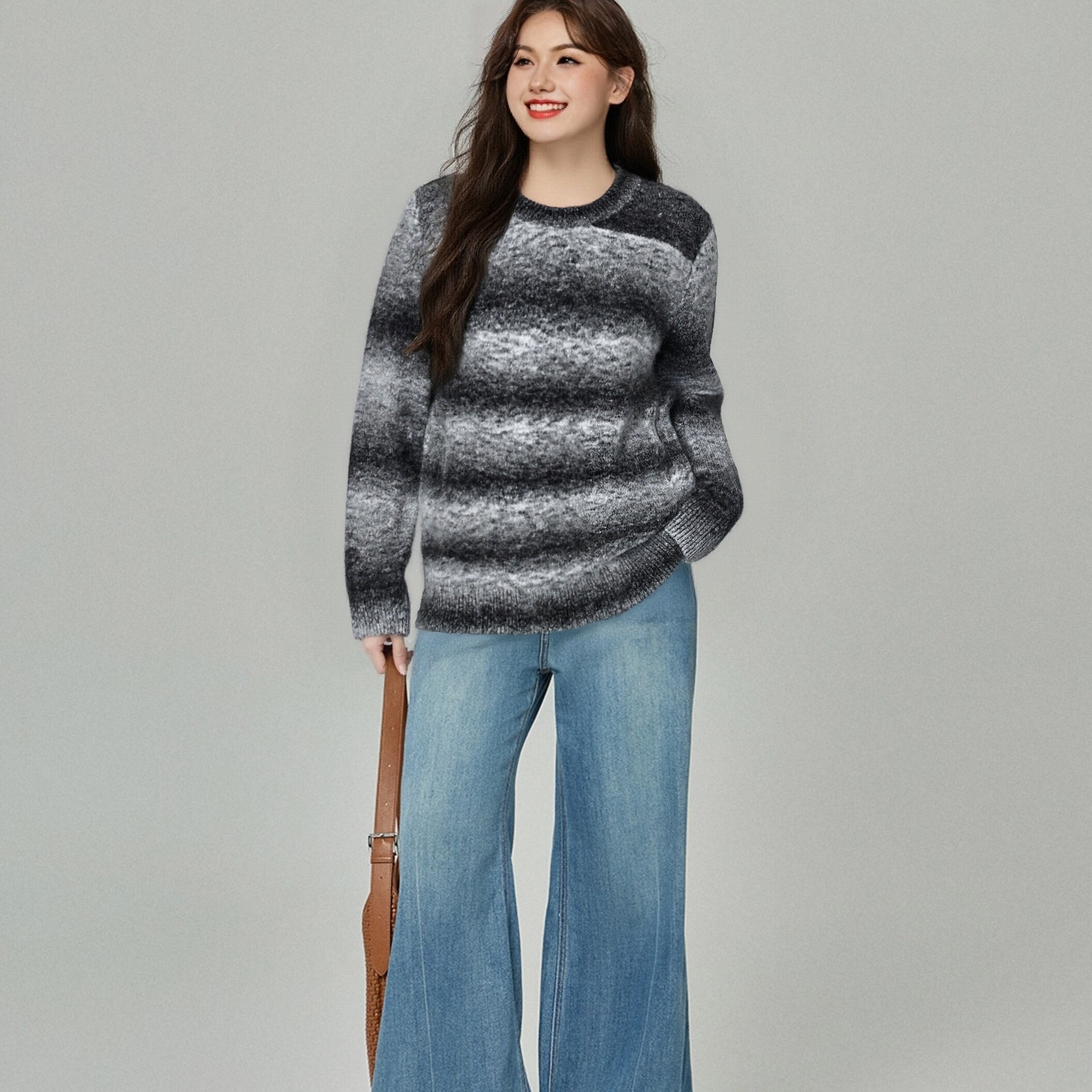 【清仓】圆领设计感渐变色上衣女宽松慵懒感毛衣2024冬胖mm针织衫