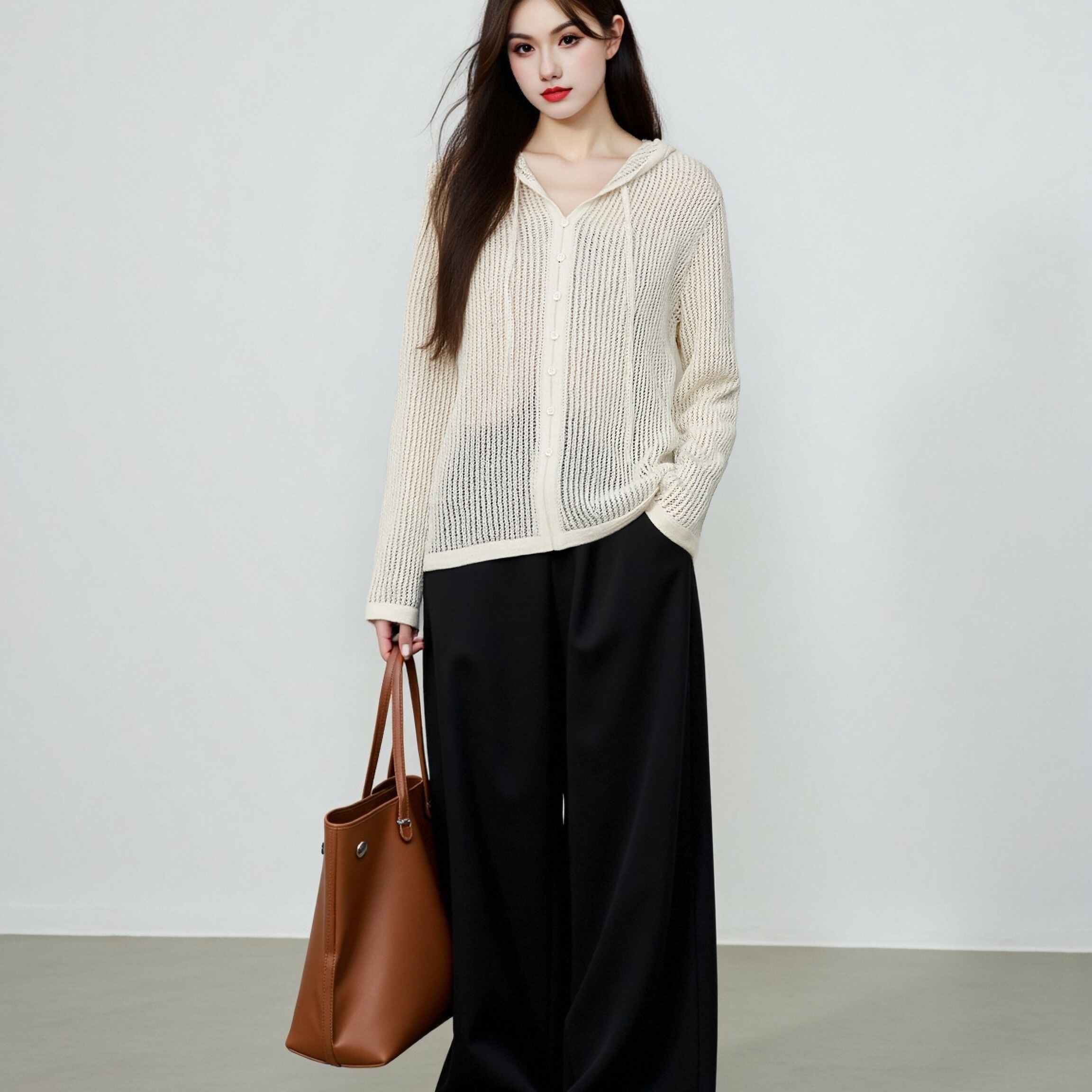 大码女装v领连帽衫女镂空上衣秋2025新款胖mm百搭宽松休闲针织衫