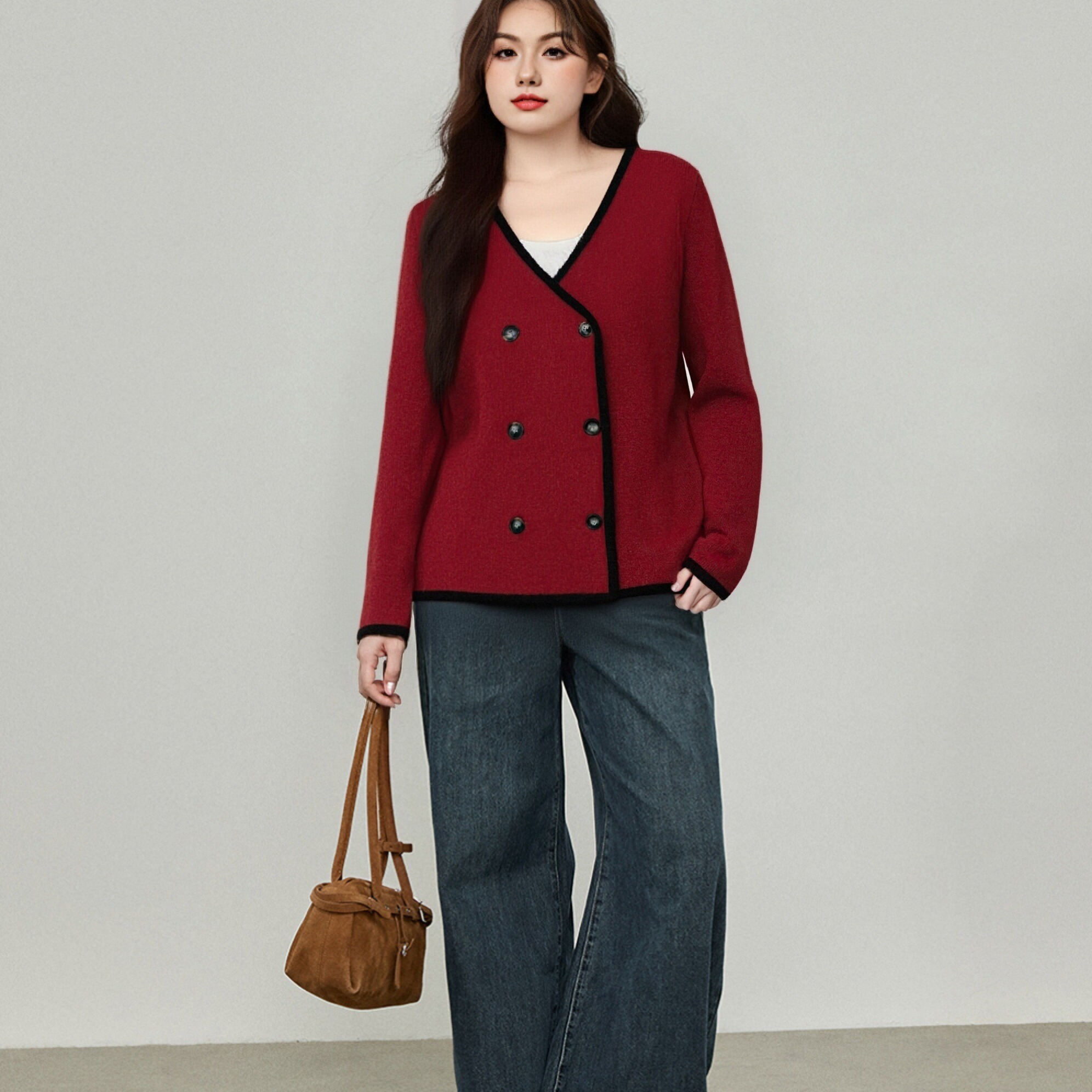 【清仓】v领双排扣外套女气质红色毛衣2024秋冬胖mm宽松针织开衫