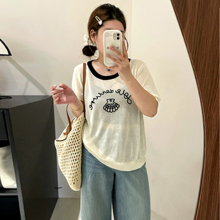 女装 针织衫 大码 圆领刺绣上衣女薄款 t恤 2025夏款 胖mm休闲宽松短袖