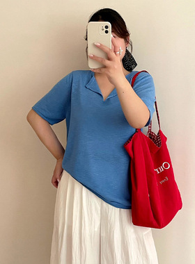 大码女装polo领简约宽松针织衫2026夏胖mm百搭休闲短袖t恤女25100