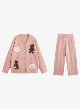 大码女装加绒加厚针织提花睡衣女2025冬胖mm休闲家居服套装23637