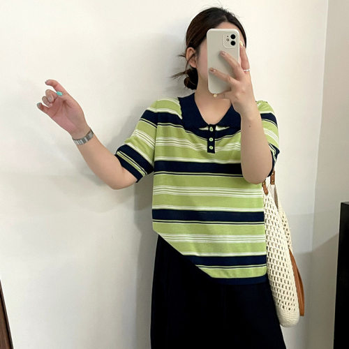 大码女装花边polo领条纹衫2026夏