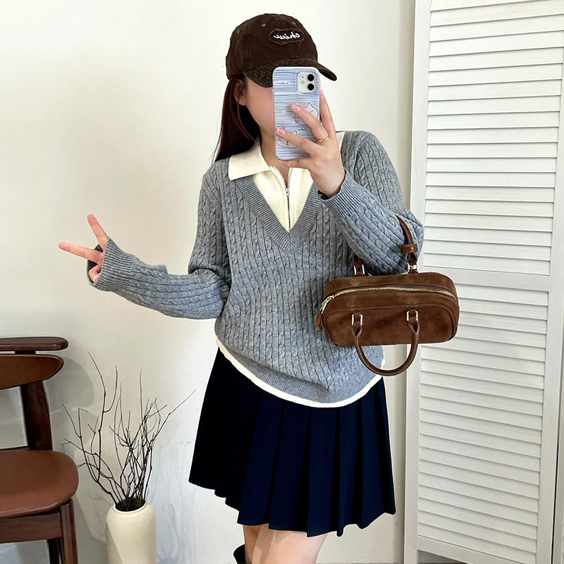 大码女装假两件毛衣女polo领上衣2025冬款胖mm学院风针织衫