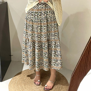 大码 半身裙 女装 复古波西米亚度假风半裙2025夏胖mm高腰宽松中长款