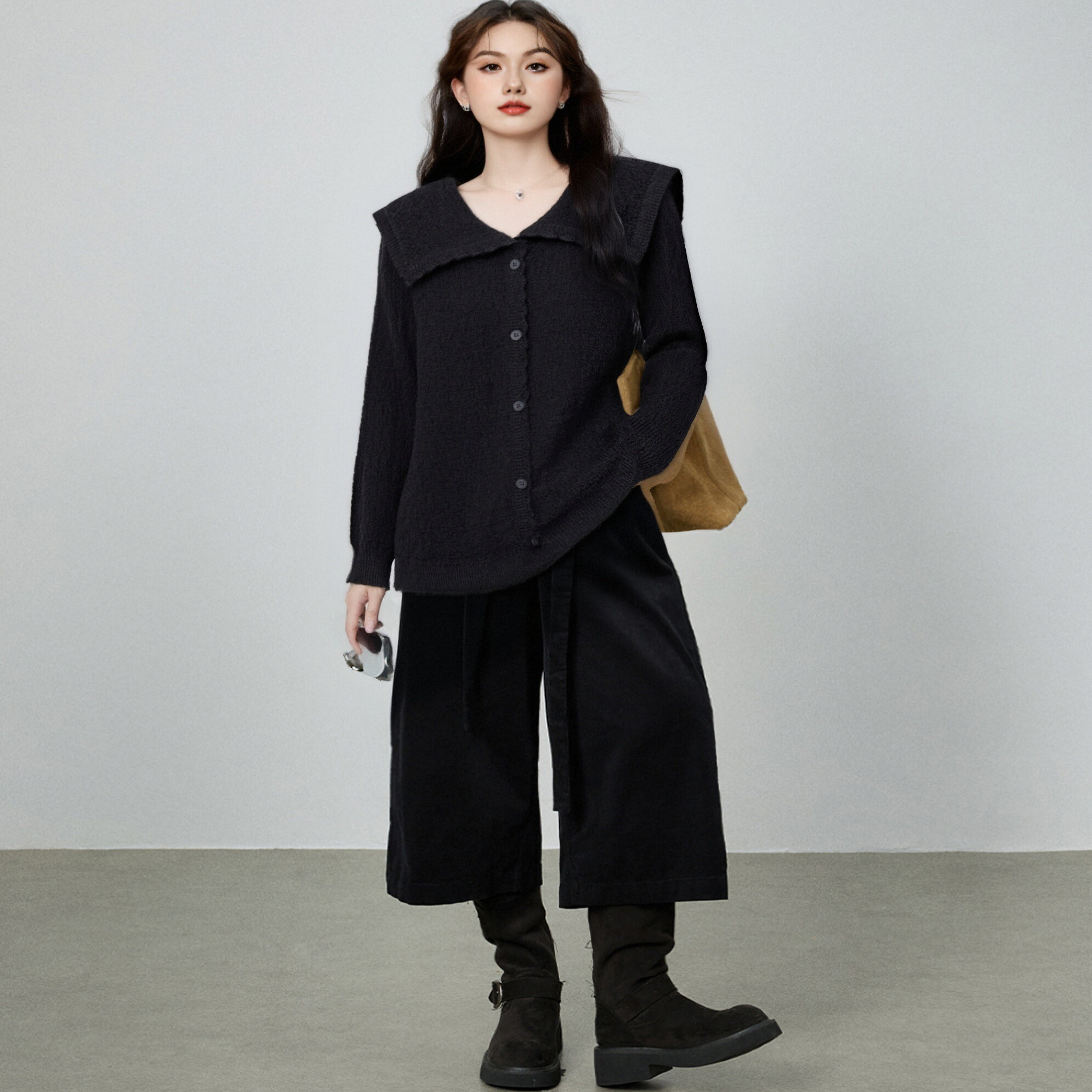 【清仓】气质娃娃领减龄上衣女长袖毛衣2024冬胖mm宽松百搭针织衫