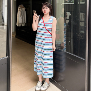 女装 大码 显瘦条纹裙女圆领背心裙2025夏胖mm宽松针织裙百搭连衣裙