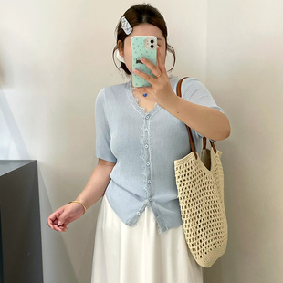 女装 2025夏款 大码 v领拼接花边上衣女开衫 胖mm宽松百搭短袖 针织衫